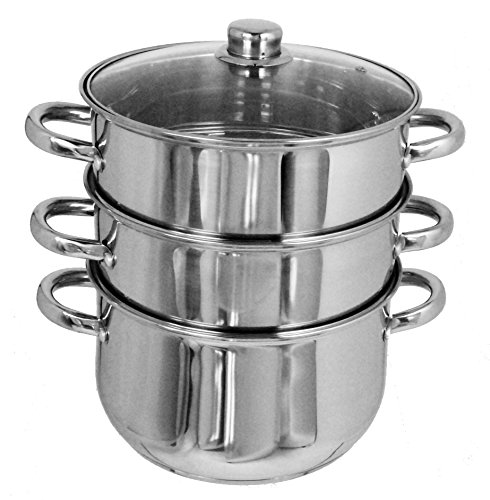 Buckingham 24 cm 6 litros de Acero Inoxidable Grandes Tres baldas de Madera de Mango y Tapa para inducción Base Olla para cocinar al Vapor, Plateado