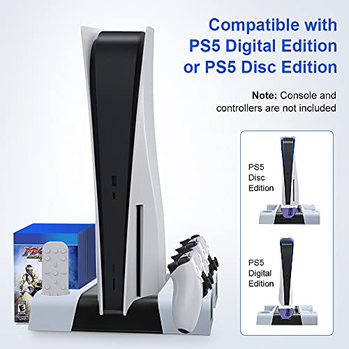 Buluri Soporte PS5 con Ventilador de Refrigeración y Cargador Mando PS5, Multifuncional Soporte Vertical con Indicadores LED y Ranuras de 10 Juegos, para Playstation 5 Console