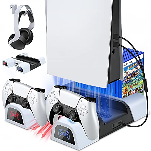 Buluri Soporte PS5 con Ventilador de Refrigeración y Cargador Mando PS5, Multifuncional Soporte Vertical con Indicadores LED y Ranuras de 10 Juegos, para Playstation 5 Console