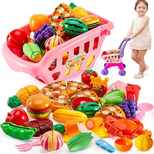 BUYGER 2 en 1 Carro de la Compra Juguetes con Frutas y Verduras para Cortar, Carrito Supermercado Comida Juguete Cocinita Regalo para Niños Niñas