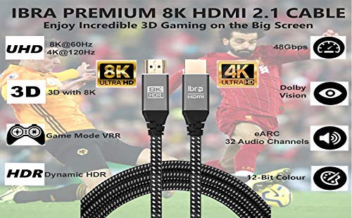 Cable IBRA 2.1 HDMI 8K Ultra Alta Velocidad 48Gbps de Plomo | Admite 8K@60HZ, 4K@120HZ, 4320p, Compatible con Fire TV, Soporte 3D, Función Ethernet, 8K UHD, 3D-Xbox Playstation PS3 PS4 PC - 2M