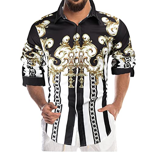 Camisa Hombres Vintage Imprimir Manga Larga Shirt Hombres Moda Estilo Étnico Kent Collar Camisa Hombres Fiesta Disco Club Camisa Hombres Primavera Otoño Basehirt Hombres