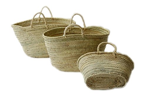 Capazo de Palma Reforzado, Cesto o Bolso de Mimbre para la Playa, Fibras Naturales. (4V, Aprox. 27x16 cm)
