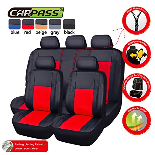 CAR PASS Skyline - Fundas de piel sintética para asientos de coche, ajuste universal para coches, SUV, vehículos, esponja compuesta de 5 mm en el interior, compatible con airbag (11 unidades, negro deportivo con rojo)