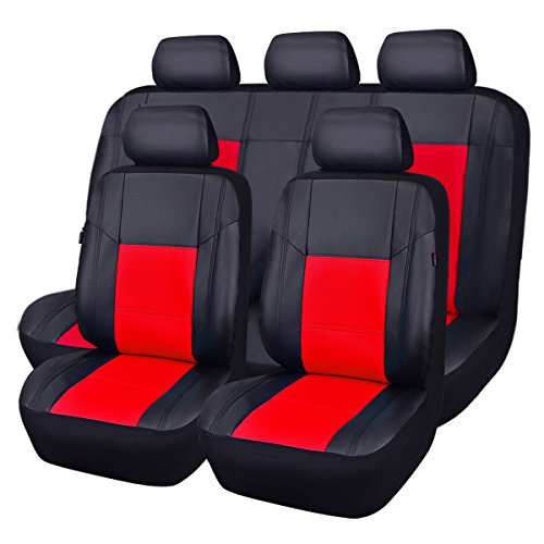 CAR PASS Skyline - Fundas de piel sintética para asientos de coche, ajuste universal para coches, SUV, vehículos, esponja compuesta de 5 mm en el interior, compatible con airbag (11 unidades, negro deportivo con rojo)