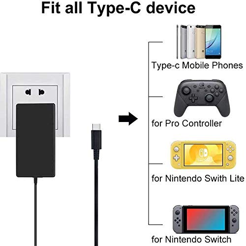 Cargador para Nintendo Switch 15 V 2,6 A carga rápida con cable USB tipo C, adaptador de alimentación compatible con Nintendo Switch & Switch Lite