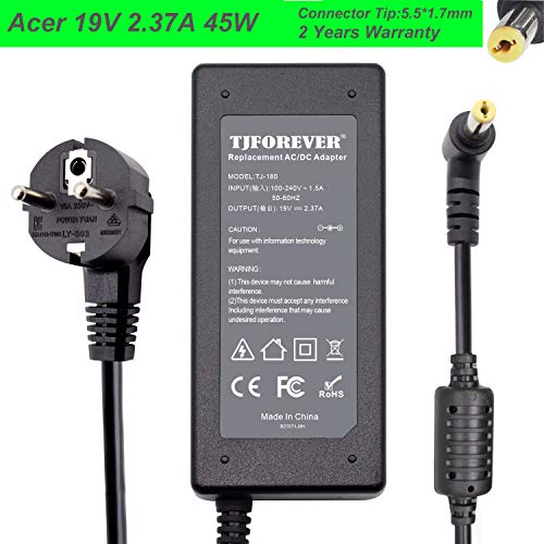Cargador Portatil Acer 19V 2.37A 45W para Acer Aspire One ES1 E1 F5 F15 Travelmate Extensa Notebook Ordenador portátil Fuente de Alimentación Adaptador Conector: 5.5 * 1.7mm