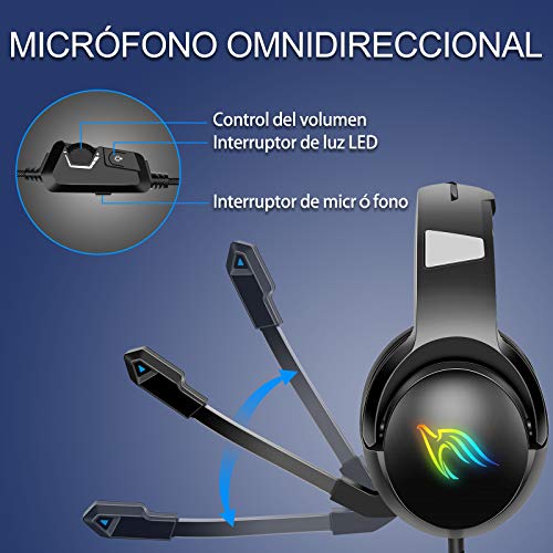 Casco Gaming, Auriculares Gaming, Cascos con estéreo 3D, 360° micrófono Ajustable, 50 mm Drivers, Ruido Reducción, iluminación RGB, Compatible con Xbox One/PC/Tableta/Nintendo Switch