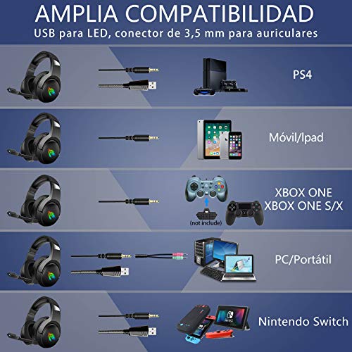 Casco Gaming, Auriculares Gaming, Cascos con estéreo 3D, 360° micrófono Ajustable, 50 mm Drivers, Ruido Reducción, iluminación RGB, Compatible con Xbox One/PC/Tableta/Nintendo Switch