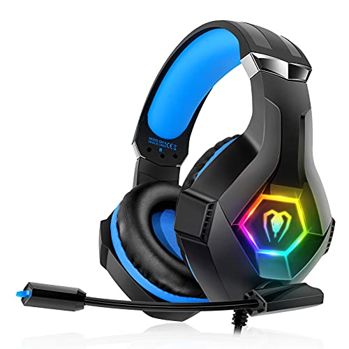 Cascos Gaming con Micrófono, Cascos PS4 con Nivel de Sonido Envolvente  Rico, Orejeras Grandes y 4 Modo Luz RGB, Auriculares Gaming para PS4 PS5 PC