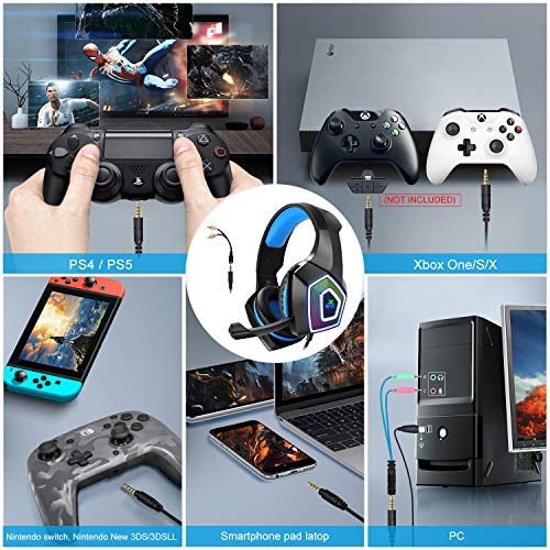 Cascos Gaming, Auriculares Gaming PS4 con Microfono para PC Xbox One Switch Tablet Cascos Gamer Estéreo y Cancelació de Ruido, Auricular Diadema con Luz LED RGB 3.5mm Jack y Orejeras Suaves de Memoria