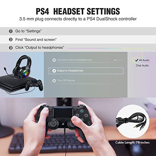 Cascos Gaming, Auriculares Gaming PS4 PC con Microfono Diadema con RGB Luz LED y Cancelació de Ruido, Cascos Gamer Headset Estéreo con Orejeras Cómodas, Headphones para Xbox One Switch Tableta