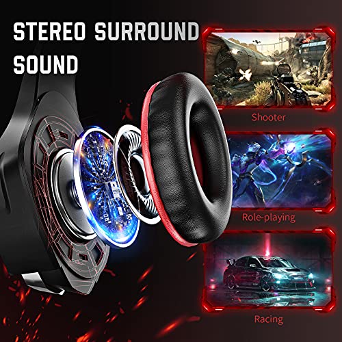 Cascos Gaming Premium Stereo con Microfono para PS4 PS5 PC Xbox One, Auriculares Gaming con Bass Surround Cancelacion Ruido, Diadema Acolchada y Ajustable