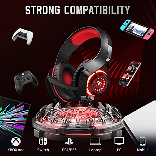 Cascos Gaming Premium Stereo con Microfono para PS4 PS5 PC Xbox One, Auriculares Gaming con Bass Surround Cancelacion Ruido, Diadema Acolchada y Ajustable