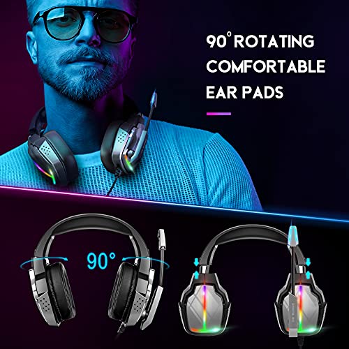 Cascos Gaming PS4, Giratorio de 90° y 4 Modos de Iluminación RGB Auriculares Gaming, Transductores 50mm, Micrófono con Premium Estéreo, Compatibles con PS4, PS5, Xbox One, PC, Switch