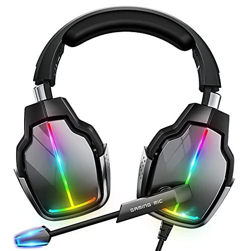 Cascos Gaming PS4, Giratorio de 90° y 4 Modos de Iluminación RGB Auriculares Gaming, Transductores 50mm, Micrófono con Premium Estéreo, Compatibles con PS4, PS5, Xbox One, PC, Switch