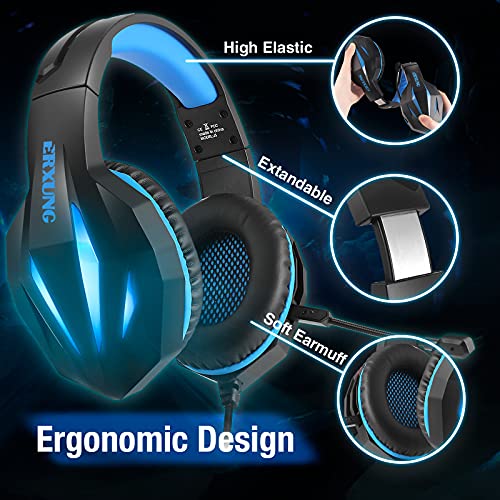 Cascos Gaming PS4 Switch, Auriculares Gaming Xbox One con Micrófono Reducción de Ruido, 50mm Drivers Sonido Envolvente y Luz LED,Auriculares para Juegos PS4 PS5 PC Mac Tableta(Azul)