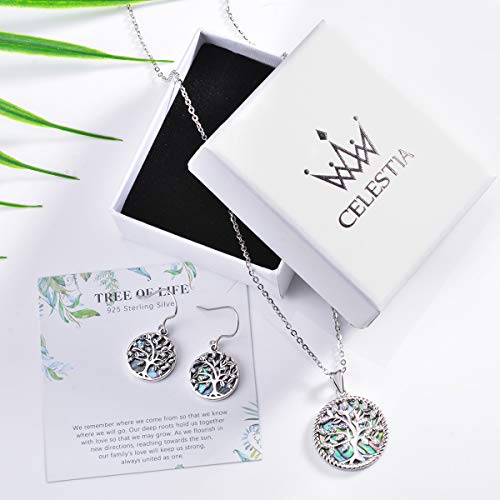CELESTIA Mujer Arbol de la Vida Collar con Pendientes Juegos de Joyas Plata de Ley 925 Concha Abulón Parentesco Regalos