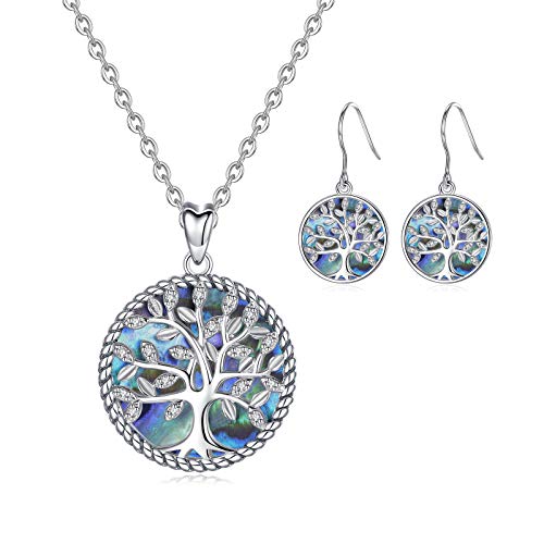 CELESTIA Mujer Arbol de la Vida Collar con Pendientes Juegos de Joyas Plata de Ley 925 Concha Abulón Parentesco Regalos