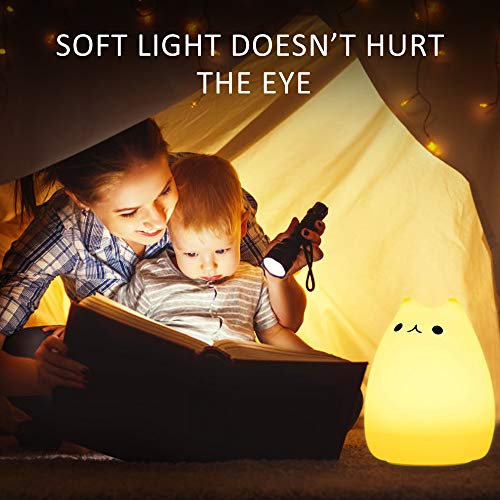CHWARES Lámpara portátil LED del gato Niños luz de la noche de los niños multicolor de silicona, blanco cálido y 7 colores de respiración, Tap Control sensible, iluminación recargable USB