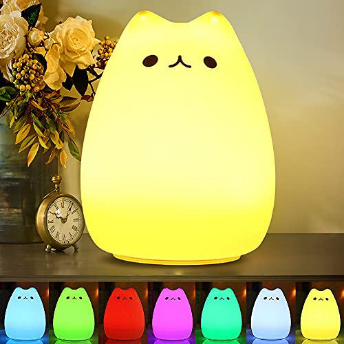 CHWARES Lámpara portátil LED del gato Niños luz de la noche de los niños multicolor de silicona, blanco cálido y 7 colores de respiración, Tap Control sensible, iluminación recargable USB