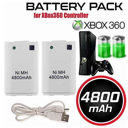CICMOD 2 Pzs Xbox 360 Mando Batería, 4800mAh Baterías con USB Cable para Mando Remoto de Control Xbox 360 Blanco