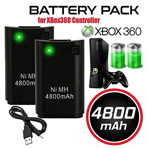 CICMOD Xbox 360 Mando Batería 2Pc 4800mAh Baterías con USB Cable para Mando Remoto de Control Xbox 360 Negro