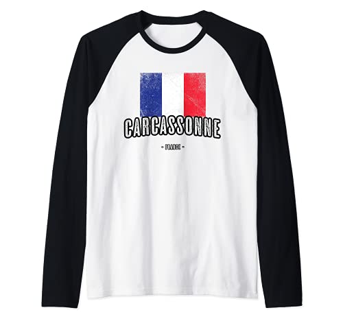 Ciudad de Carcasona Francia | FR Bandera Top, Drapeau Français - Camiseta Manga Raglan