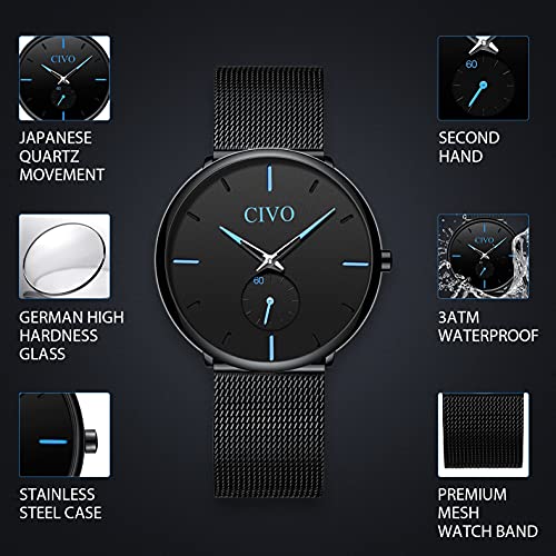 CIVO Reloj Negro Ultra Fino para Hombre Minimalista Lujo Moda Relojes de Pulsera para Hombres Vestir Casual Impermeable Reloj de Cuarzo para Hombre con Banda Negro de Acero Inoxidable (6 Negro)