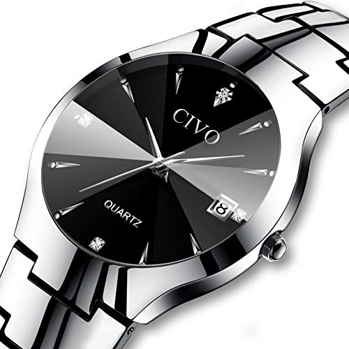CIVO Relojes para Hombre Acero Inoxidable Impermeable Reloj de Pulsera de Lujo Fecha Calendario Clásicos Analogicos Reloj de Cuarzo Negocio Casual Simple con Correa de Plata