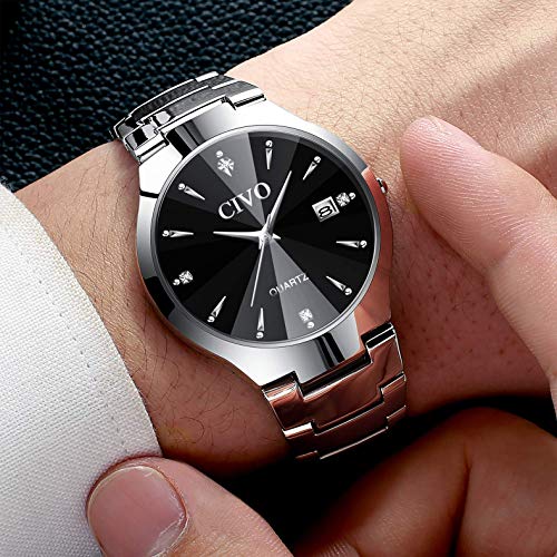 CIVO Relojes para Hombre Acero Inoxidable Impermeable Reloj de Pulsera de Lujo Fecha Calendario Clásicos Analogicos Reloj de Cuarzo Negocio Casual Simple con Correa de Plata
