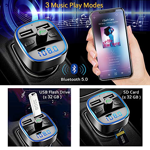Cocoda Transmisor FM Bluetooth, [Luz de Anillo Azul] Manos Libres para Coche, Inalámbrico Reproductor MP3 Mechero Coche Adaptador Receptor con Dual USB 5V/2.4A & 1A, Soporte Tarjetas SD + U Disk