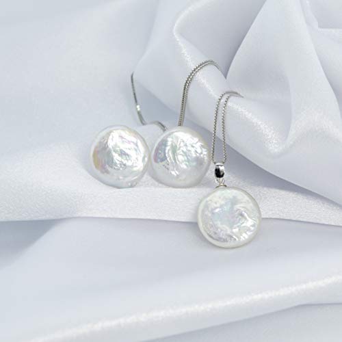 Collar y pendientes para mujer de Plata con Perlas moneda de 14mm Calidad AAA+ Perla Natural de Agua Dulce y Plata de Ley 925