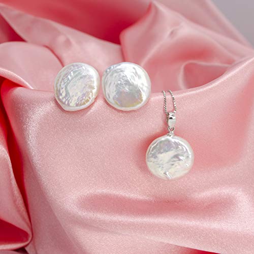 Collar y pendientes para mujer de Plata con Perlas moneda de 14mm Calidad AAA+ Perla Natural de Agua Dulce y Plata de Ley 925