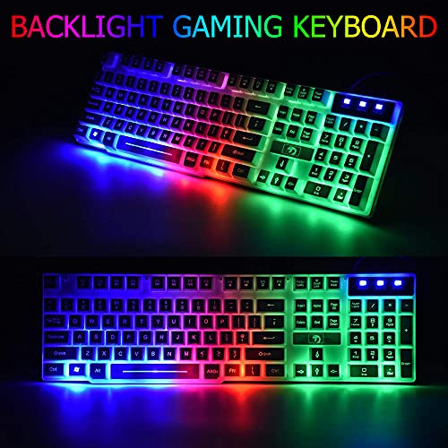 Combo Teclado y Raton Gaming+Cascos Juegos+Reposamuñecas Soporte+Alfombrilla Raton, Rainbow Retroiluminado, 2400 dpi Ratón para Juegos con Cable+RGB Auriculares Game con Microfono, PC PS4 Xbox-Negro