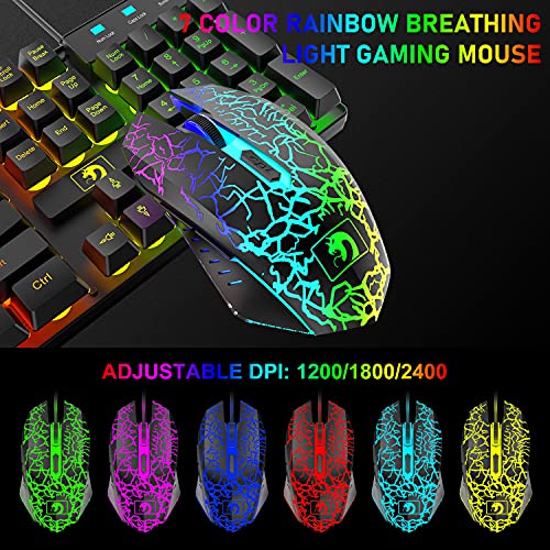 Combo Teclado y Raton Gaming+Cascos Juegos+Reposamuñecas Soporte+Alfombrilla Raton, Rainbow Retroiluminado, 2400 dpi Ratón para Juegos con Cable+RGB Auriculares Game con Microfono, PC PS4 Xbox-Negro