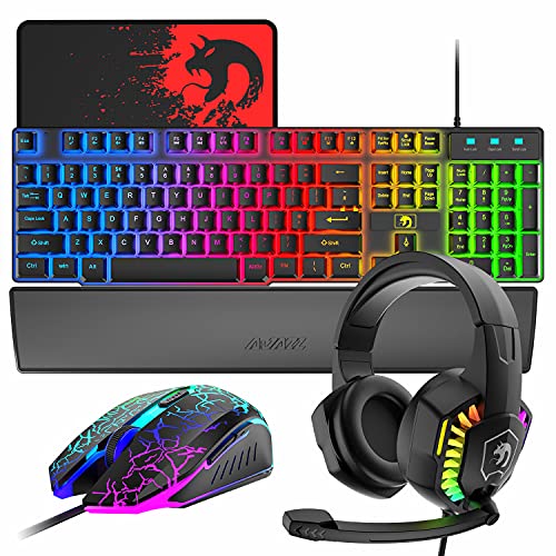 Combo Teclado y Raton Gaming+Cascos Juegos+Reposamuñecas Soporte+Alfombrilla Raton, Rainbow Retroiluminado, 2400 dpi Ratón para Juegos con Cable+RGB Auriculares Game con Microfono, PC PS4 Xbox-Negro
