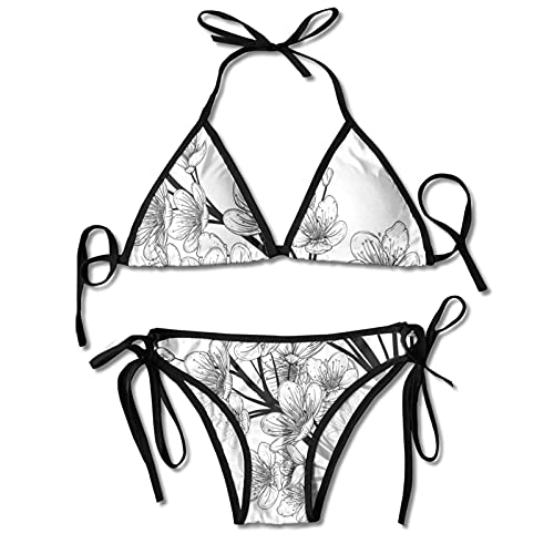 Conjunto de Bikini de Traje de baño de Dos Piezas de triángulo Sexy para Mujer, Temporada de Primavera Japonesa étnica asiática Sakura Flor de Cerezo ilustración de árbol