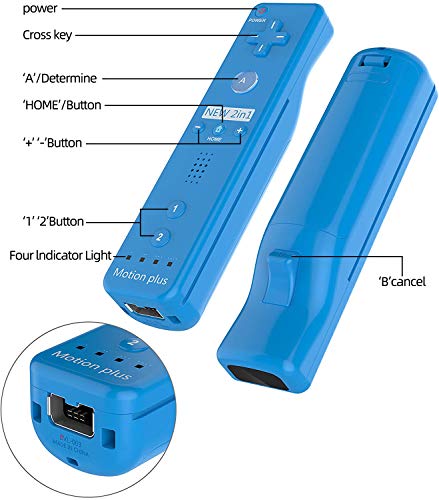 Controlador de Movimiento Remoto Inalámbrico Wii, Controlador Motion Plus Integrado Remoto e Nunchuck con Custodia en Silicona para Wii e Wii U (Blue)