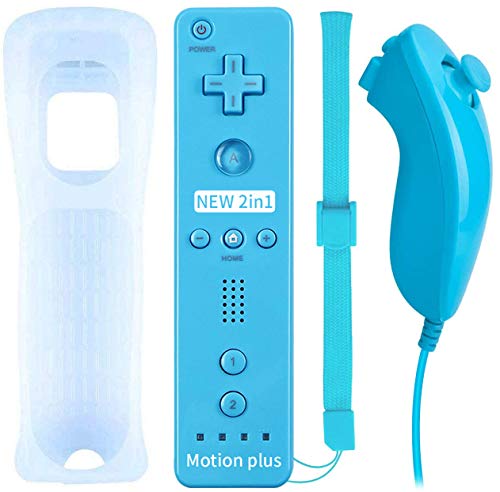 Controlador de Movimiento Remoto Inalámbrico Wii, Controlador Motion Plus Integrado Remoto e Nunchuck con Custodia en Silicona para Wii e Wii U (Blue)