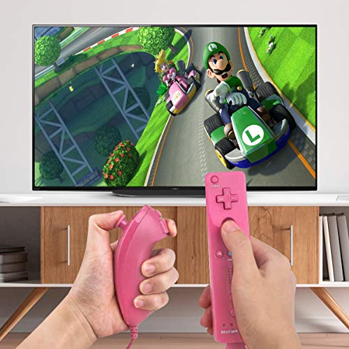 Controlador de Movimiento Remoto Inalámbrico Wii, Controlador Motion Plus Integrado Remoto e Nunchuck con Custodia en Silicona para Wii e Wii U (Pink)