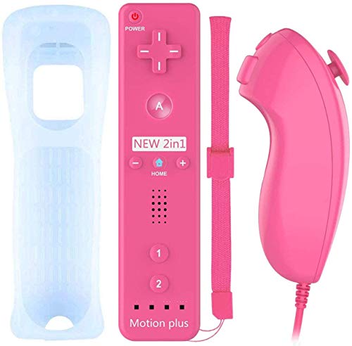 Controlador de Movimiento Remoto Inalámbrico Wii, Controlador Motion Plus Integrado Remoto e Nunchuck con Custodia en Silicona para Wii e Wii U (Pink)