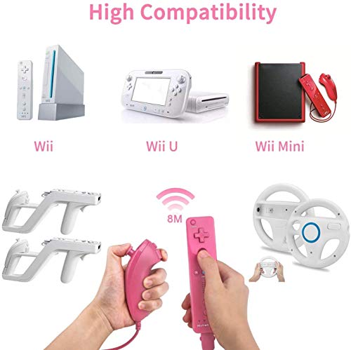 Controlador de Movimiento Remoto Inalámbrico Wii, Controlador Motion Plus Integrado Remoto e Nunchuck con Custodia en Silicona para Wii e Wii U (Pink)