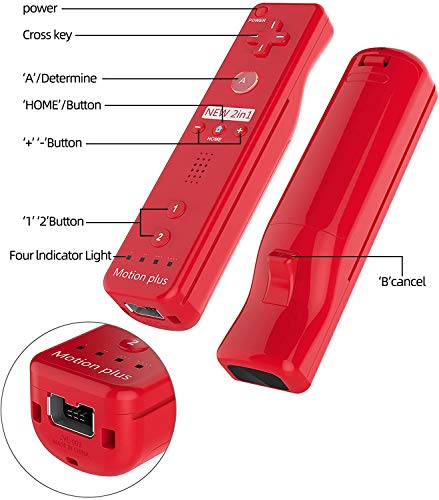 Controlador de Movimiento Remoto Inalámbrico Wii, Controlador Motion Plus Integrado Remoto e Nunchuck con Custodia en Silicona para Wii e Wii U (Red)