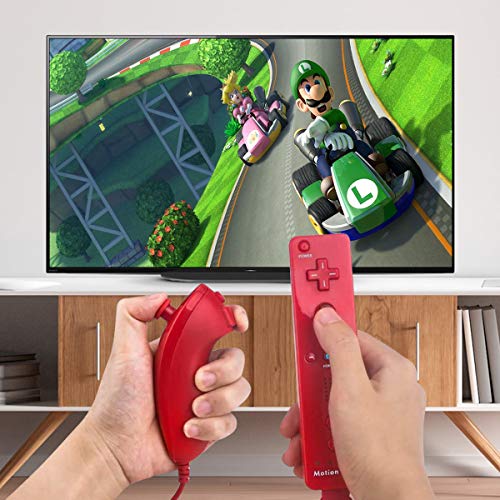 Controlador de Movimiento Remoto Inalámbrico Wii, Controlador Motion Plus Integrado Remoto e Nunchuck con Custodia en Silicona para Wii e Wii U (Red)