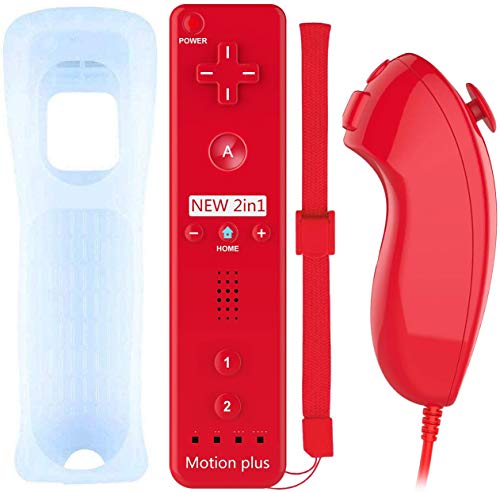 Controlador de Movimiento Remoto Inalámbrico Wii, Controlador Motion Plus Integrado Remoto e Nunchuck con Custodia en Silicona para Wii e Wii U (Red)