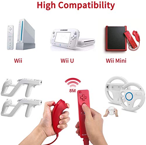 Controlador de Movimiento Remoto Inalámbrico Wii, Controlador Motion Plus Integrado Remoto e Nunchuck con Custodia en Silicona para Wii e Wii U (Red)