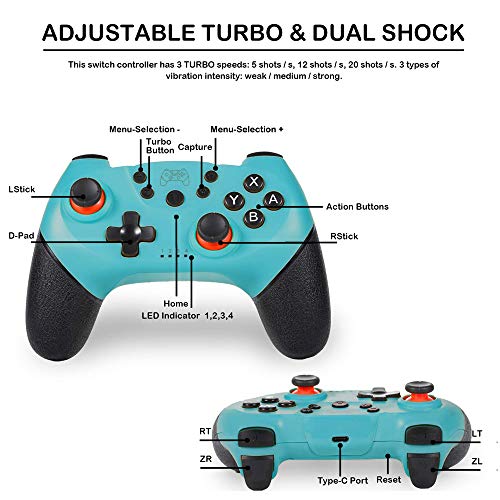 Controlador inalámbrico para Nintendo Switch/Switch Pro, Bluetooth Joystick con Doble vibración, Turbo, 6-Axis Gyro Function Gamepad Verde
