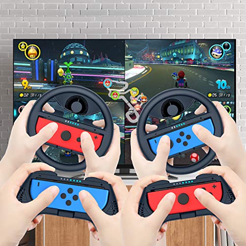 COODIO Volante y Grip Switch Joy-Con, Switch Joy-Con Racing Wheel Volante, Mandos Grip Joy-Con para Mario Kart Juegos / Joy-Con Mandos Nintendo Switch, Azul Oscuro (Pack de 4 Deluxe)