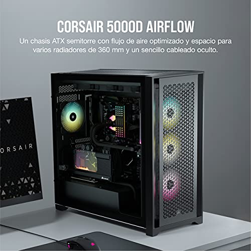 Corsair 5000D Airflow Chasis de PC ATX Semitorre con Cristal Templado (Panel Frontal con un Caudal de Aire Elevado, Sistema de Gestión del Cableado RapidRoute, Dos Ventiladores de 120 mm) Color Negro